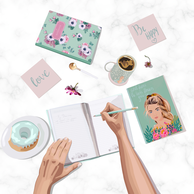 Ilustración digital de una imagen plana de un escritorio con papelería hermosa y un diario de las mujeres